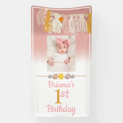 Boho Daisy Tassel Custom Photo Pink First Birthday Banner