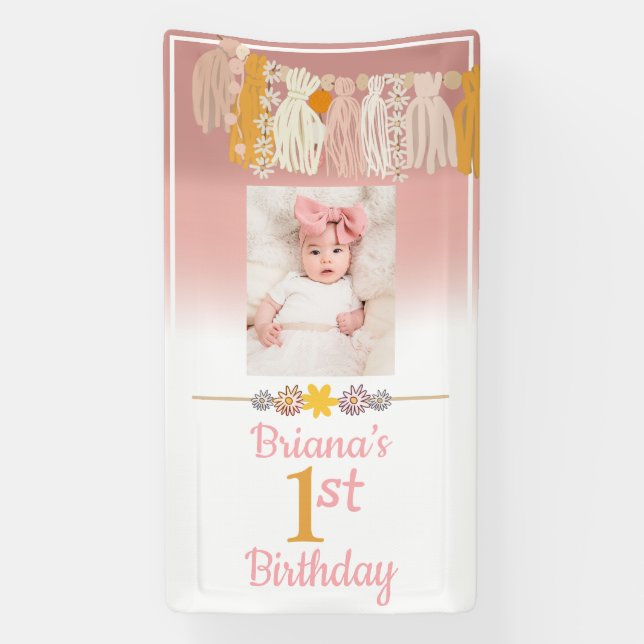 Boho Daisy Tassel Custom Photo Pink First Birthday Banner (Vertical)
