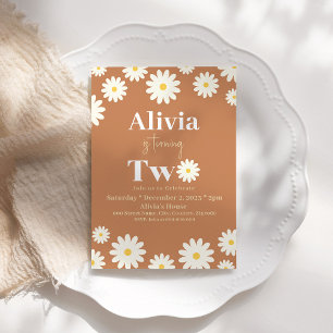 Boho Daisy Two Floral Brown Bohemian 2nd Birthday Invitation