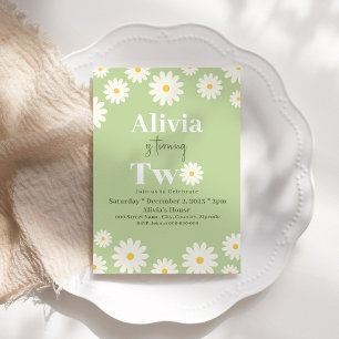 Boho Daisy Two Floral Green Bohemian 2nd Birthday Invitation