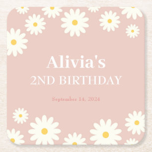 Boho Daisy Two Floral Pink Bohemian 2nd Birthday Square Paper Coaster