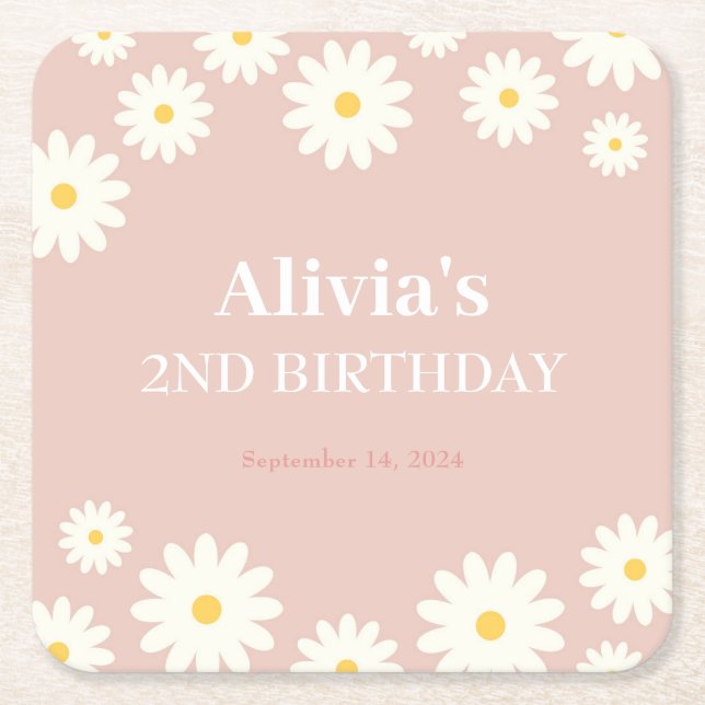 Boho Daisy Two Floral Pink Bohemian 2nd Birthday Square Paper Coaster (Front)