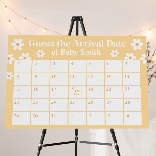Boho Daisy yellow Baby Shower Due Date Poster (In Situ (Stand))