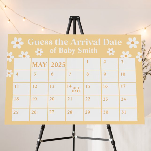 Boho Daisy yellow Baby Shower Due Date Poster (In Situ (Stand))
