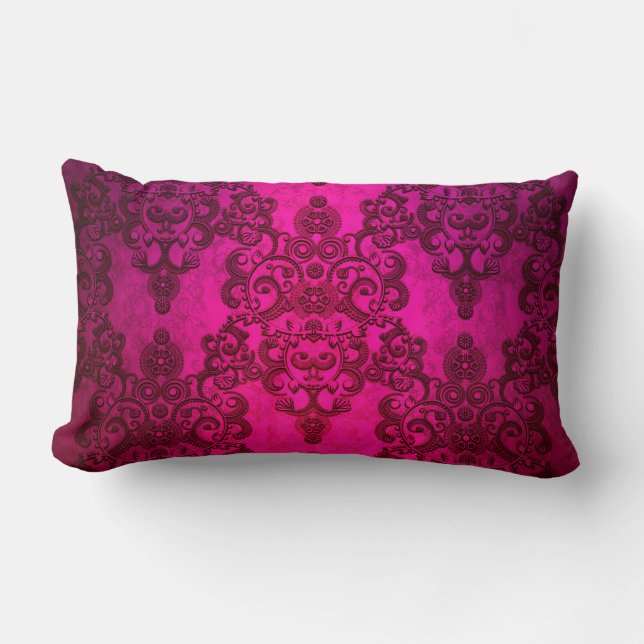 Boho Damask Deep Glowing Pink Victorian Style Lumbar Pillow (Front)