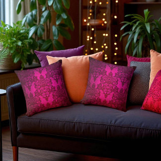 Boho Damask Deep Glowing Pink Victorian Style Throw Pillow