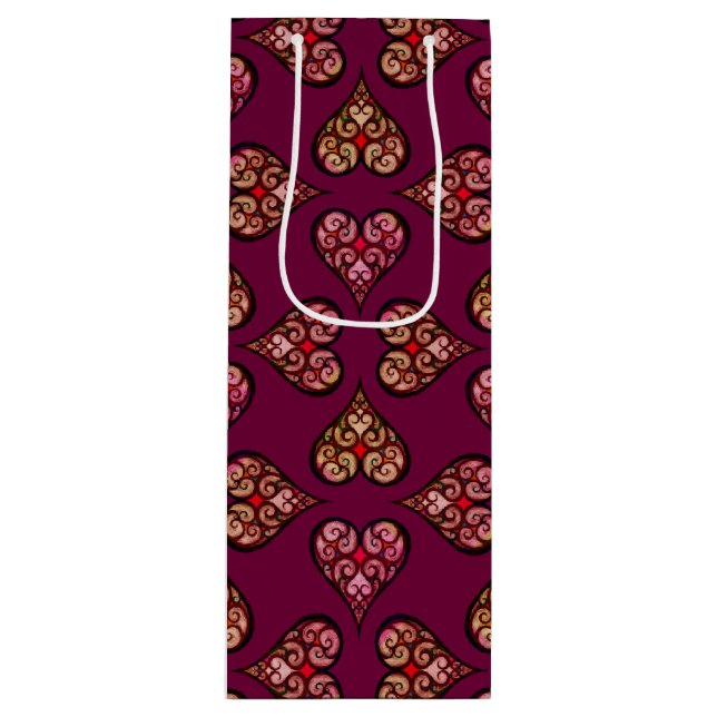 Boho Damask Heart Pattern Elegant Feminine Chic Wine Gift Bag (Front)
