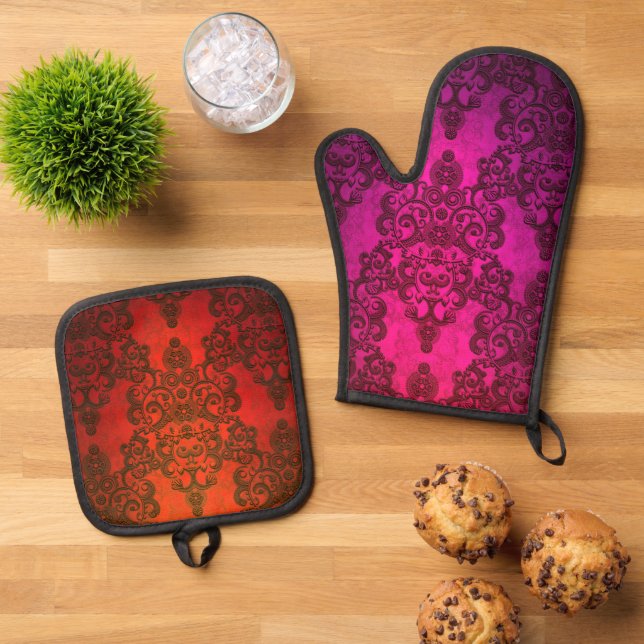 Boho Damask Vibrant Pink and Red Pattern Oven Mitt & Pot Holder Set (Top Down)