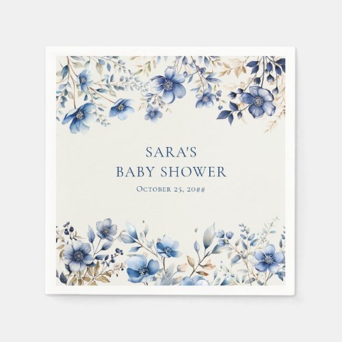 Boho Dark and Dusty Blue Wildflowers Baby Shower Napkins