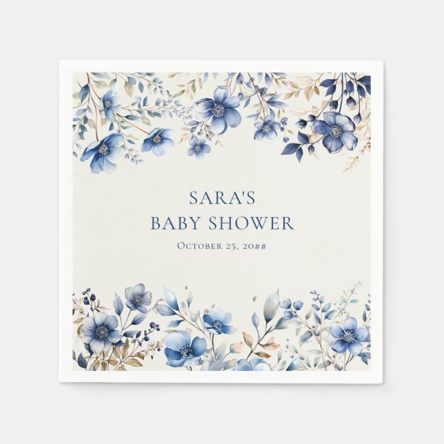 Boho Dark and Dusty Blue Wildflowers Baby Shower Napkins (Front)