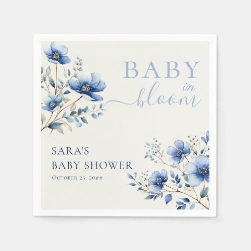 Boho Dark and Dusty Blue Wildflowers Baby Shower Napkins