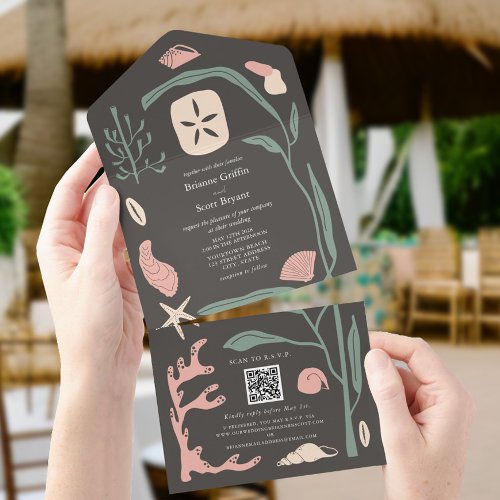 Boho Dark Beach Seashell Wedding QR RSVP All In One Invitation