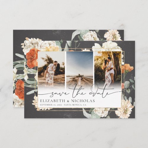 Boho Dark Floral  3 Photo Wedding Save The Date