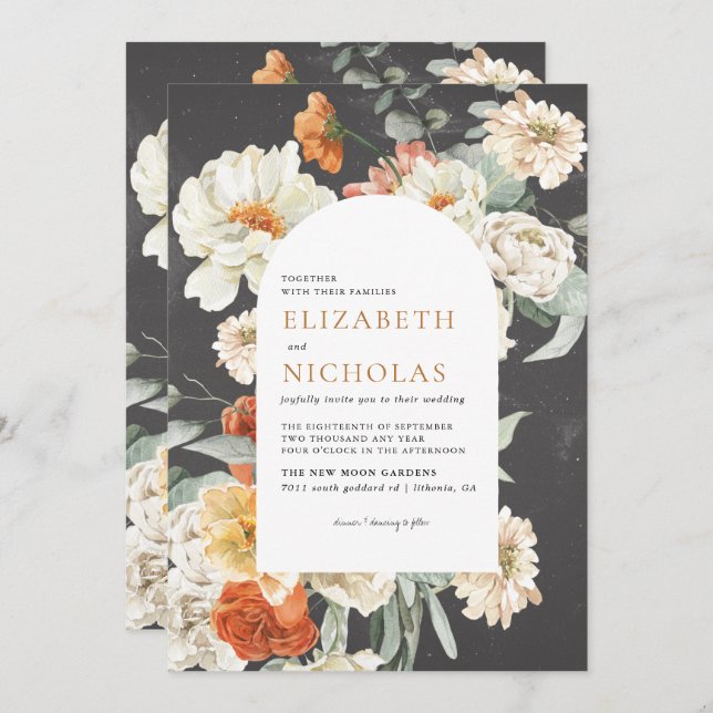 Boho Dark Floral Greenery Botanical Wedding Invitation (Front/Back)