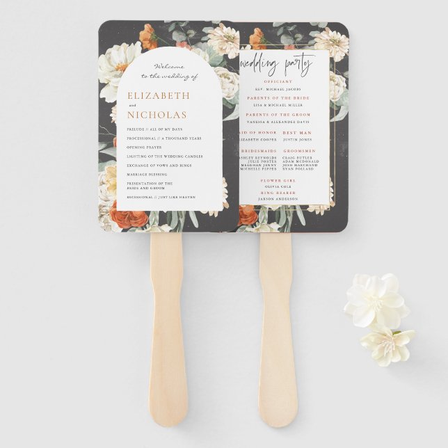 Boho Dark Floral Greenery | Wedding Program Hand Fan (Front and Back)