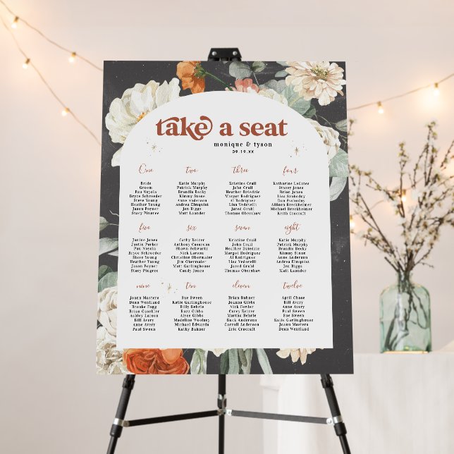 Boho Dark Floral Greenery | Wedding Table Seating Foam Board (In Situ (Stand))