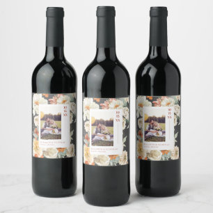 Boho Dark Floral Monogram Wedding Photo Wine Label