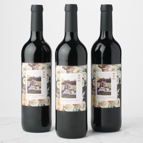 Boho Dark Floral  Monogram Wedding Photo Wine Label