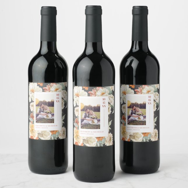 Boho Dark Floral | Monogram Wedding Photo Wine Label (Bottles)