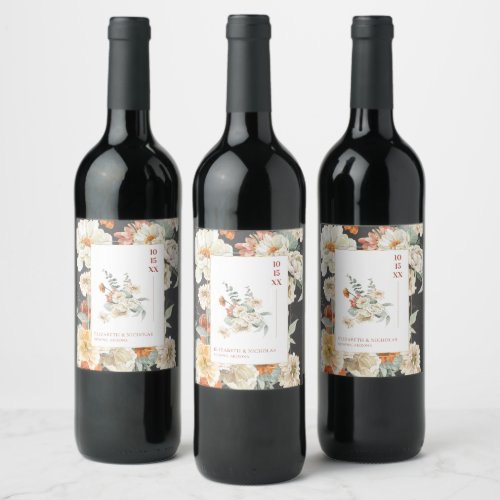 Boho Dark Floral  Monogram Wedding Wine Label