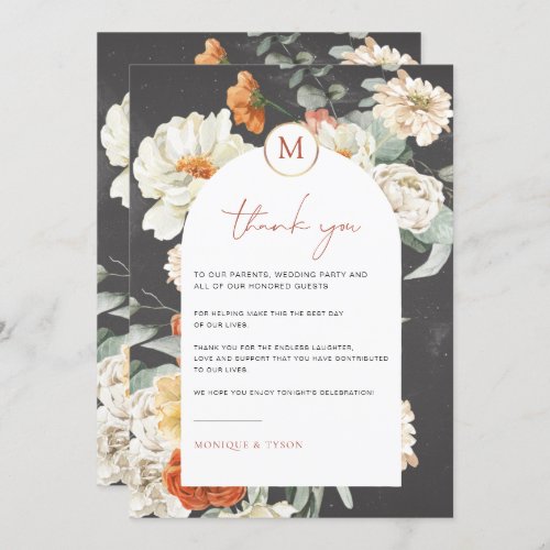 Boho Dark Floral  Wedding Table Thank You Card