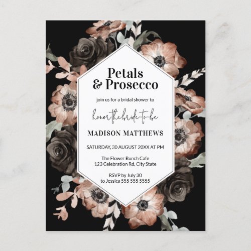 Boho Dark Florals Bridal Shower Petals  Prosecco Postcard