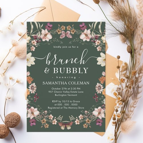 Boho Dark Green Brunch and Bubbly Bridal Shower Invitation