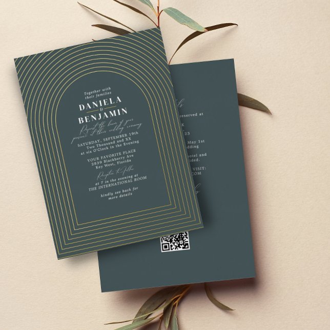 Boho Dark Green Wedding Arch & RSVP QR Code Foil Invitation (Creator Uploaded)