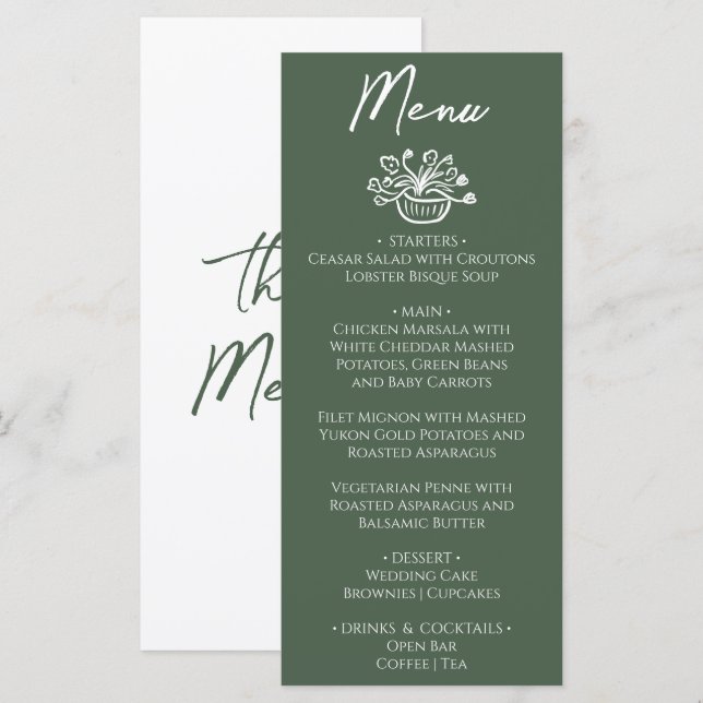 Boho Dark Moss Green Hand Drawn Floral Wedding Menu (Front/Back)