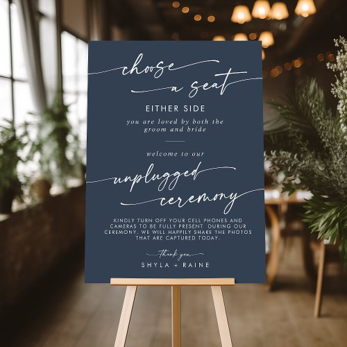 Boho Dark Navy Blue Seat Unplugged Ceremony Sign