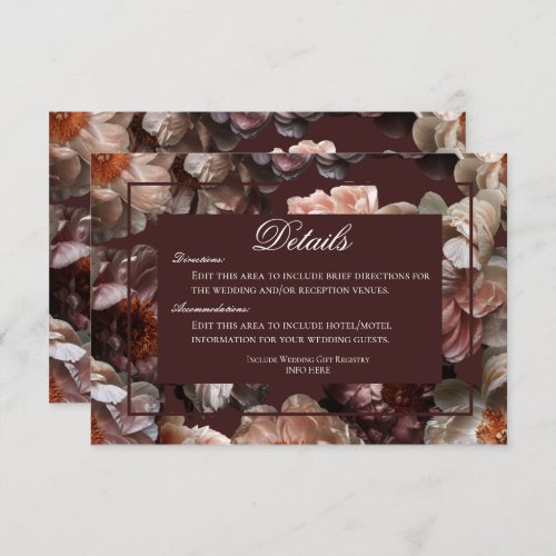 Boho Dark Peony Flower Modern Wedding Details  Enclosure Card