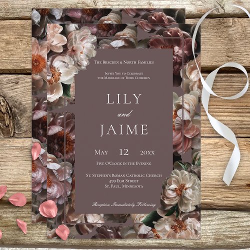 Boho Dark Peony Flowers Modern Brown Wedding Invitation