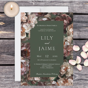 Boho Dark Peony Flowers Modern Sage Wedding Invitation