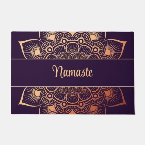 Boho Dark Purple and Peach Mandala Custom Text  Doormat