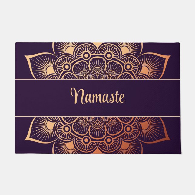Boho Dark Purple and Peach Mandala Custom Text  Doormat (Front)