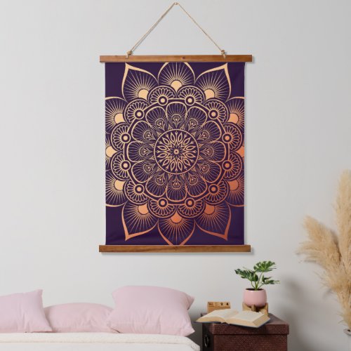 Boho Dark Purple Peach Mandala Wood Topped Hanging Tapestry