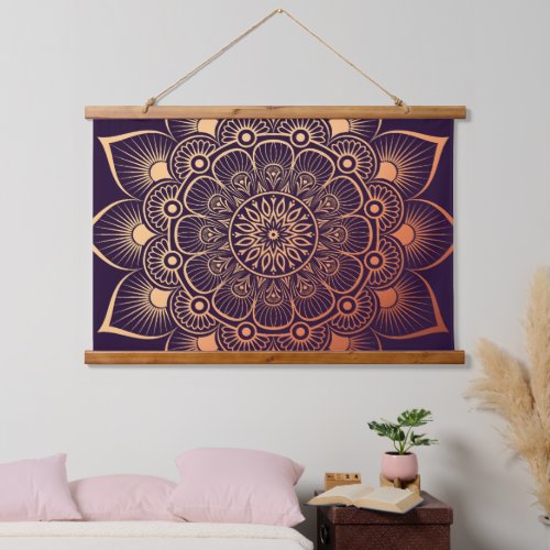 Boho Dark Purple Peach Mandala Wood Topped Hanging Tapestry