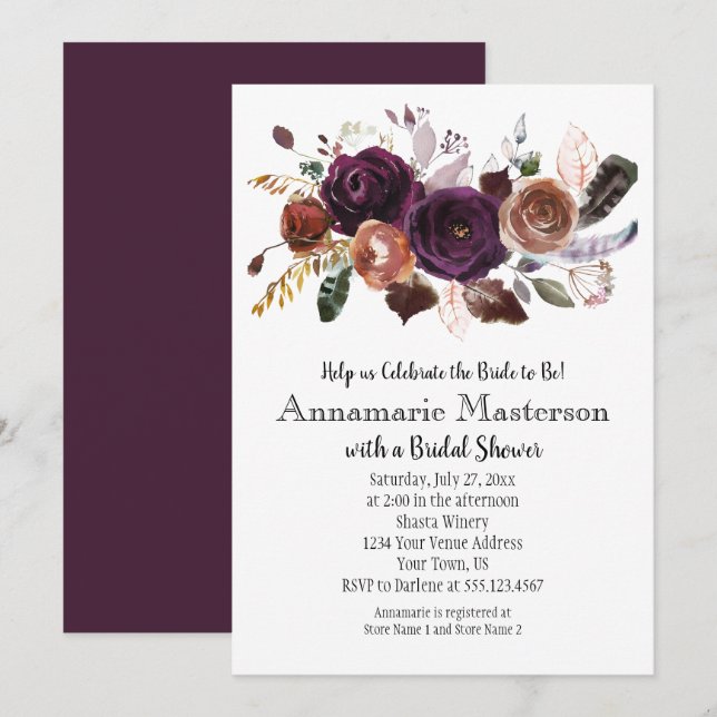 Boho Dark Purple Rust Floral Bridal Shower Invitation (Front/Back)