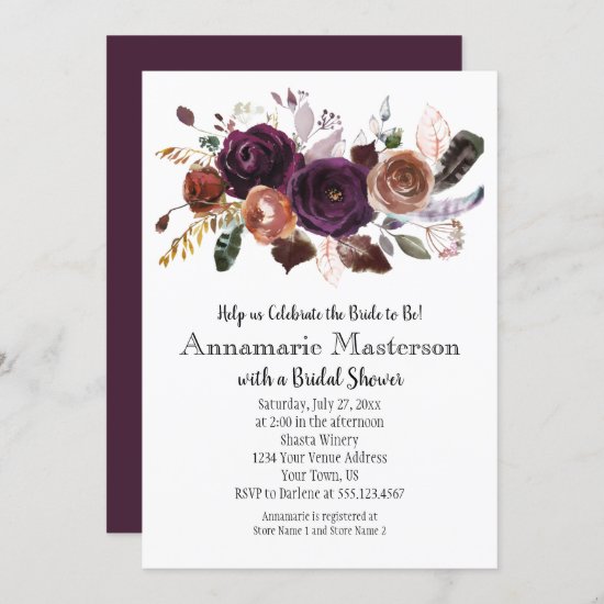 Boho Dark Purple Rust Floral Bridal Shower Invitation