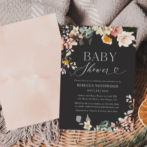 Boho Dark Watercolor Floral Baby Shower  Invitation