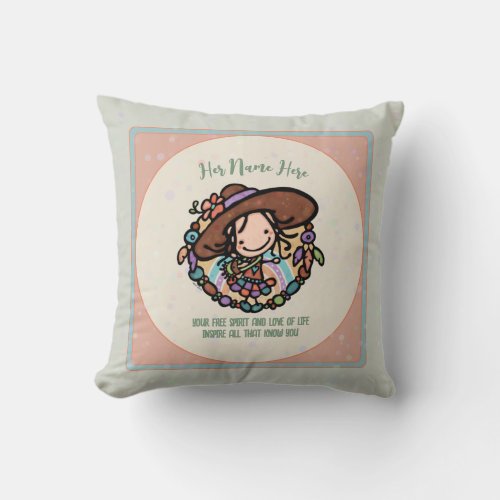 Boho Decor Cute Girl Flower Child Trippy Hippy  Throw Pillow