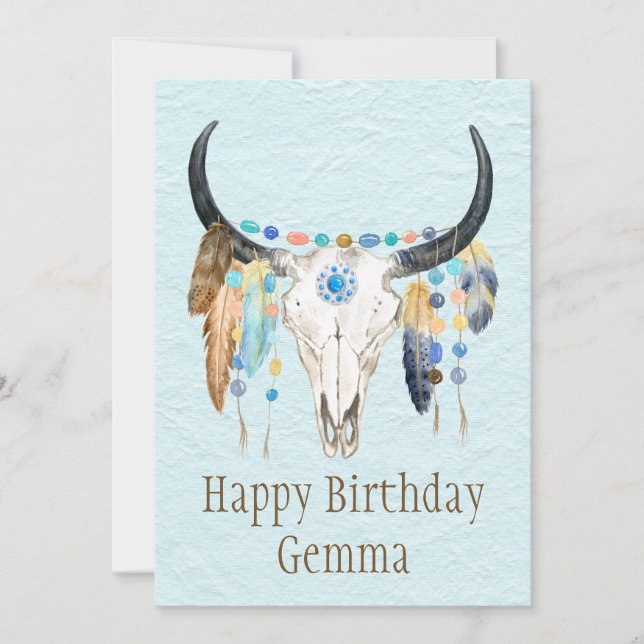 Boho Decorated Cow Skull Birthday Greeting Card (Front)