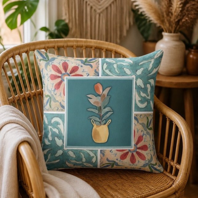 Boho Decorative Tile & Floral Throw Pillow (Creator Uploaded)