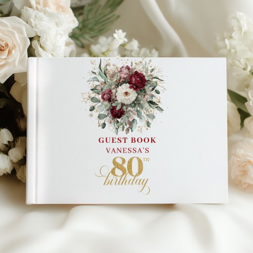 Boho Deep Red Floral 80th Birthday Guest Book