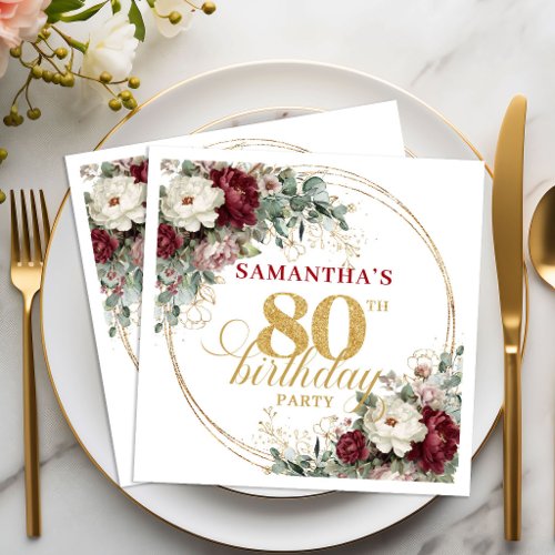 Boho Deep Red Floral 80th Birthday Napkins