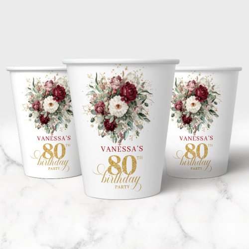 Boho Deep Red Floral 80th Birthday Paper Cups