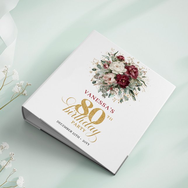 Boho Deep Red Floral 80th Birthday Ring Binder (Boho Deep Red Floral 80th Birthday Ring Binder)