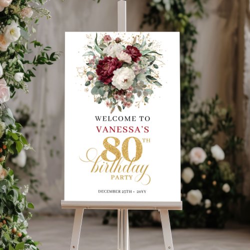 Boho Deep Red Floral 80th Birthday Welcome Poster