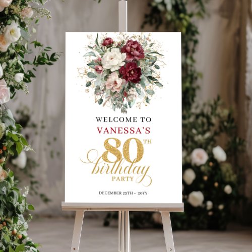 Boho Deep Red Floral 80th Birthday Welcome Poster