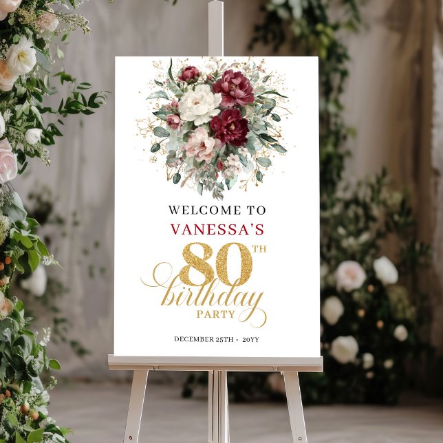 Boho Deep Red Floral 80th Birthday Welcome Poster (Boho Deep Red Floral 80th Birthday Welcome Poster)